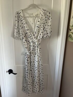 Polka Dot Wrap Midi Dress in White and Navy